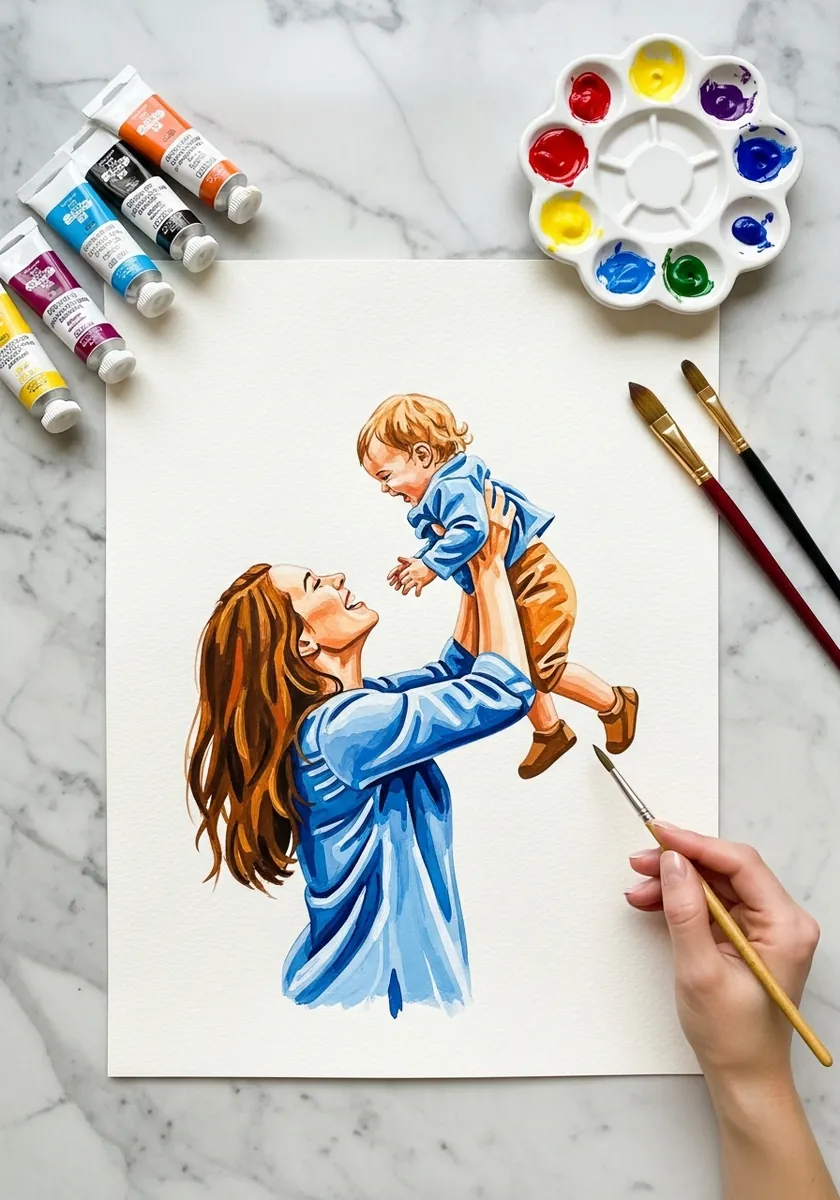 Watercolor mother lifting a toddler in blue clothing against a plain background