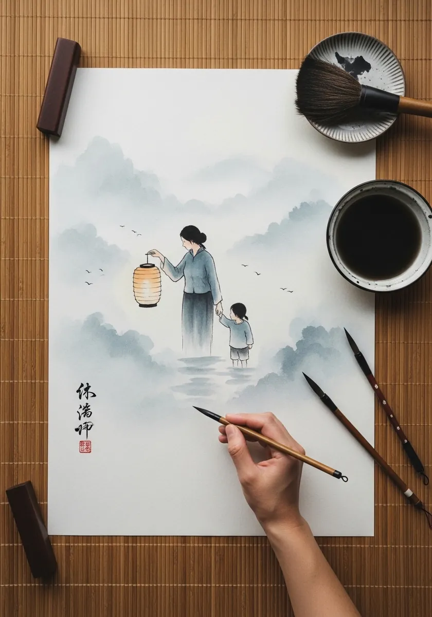 Minimal ink painting of a mother and child holding a lantern in soft mist