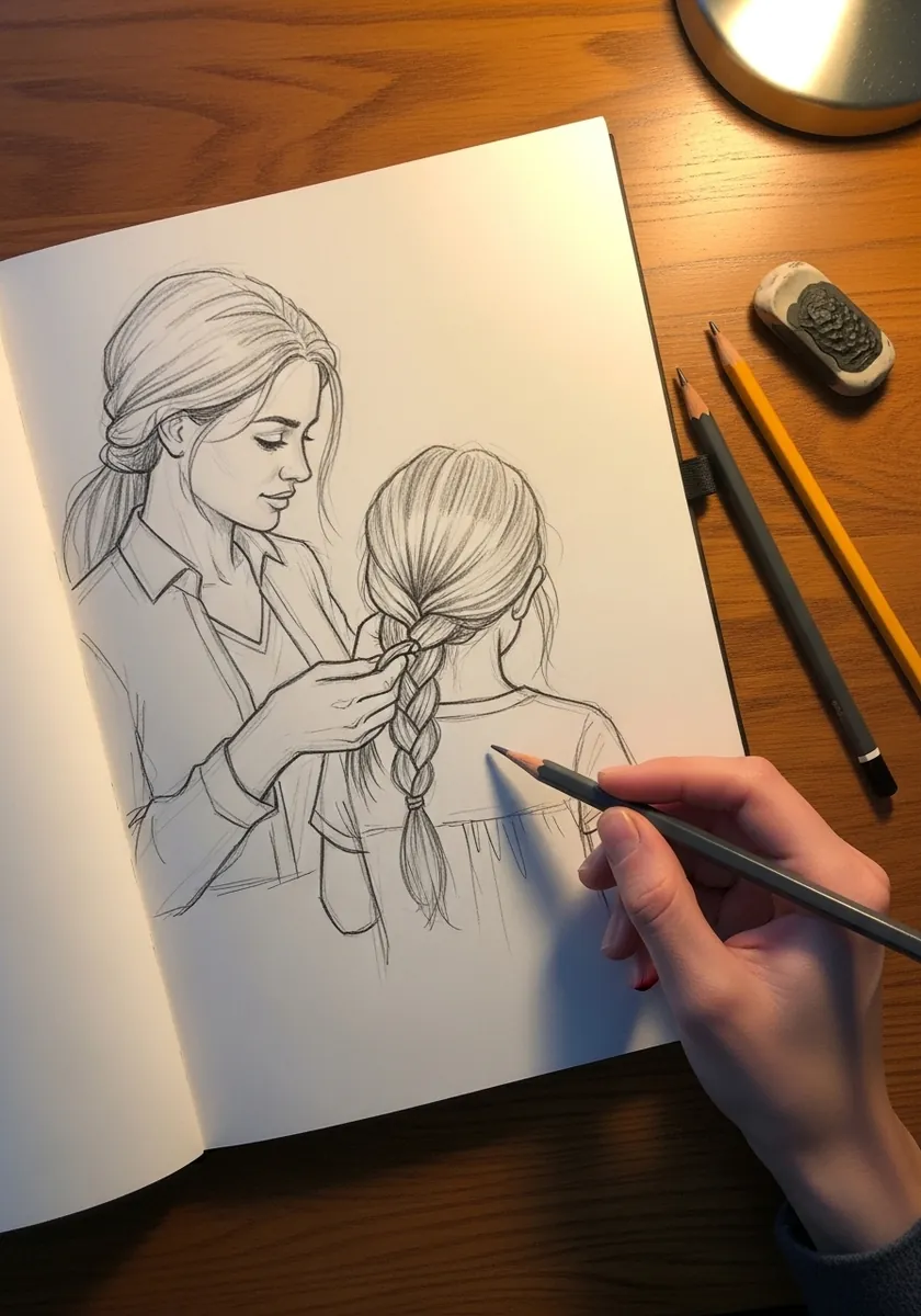 Clean pencil line drawing of a mother braiding her daughter's long hair