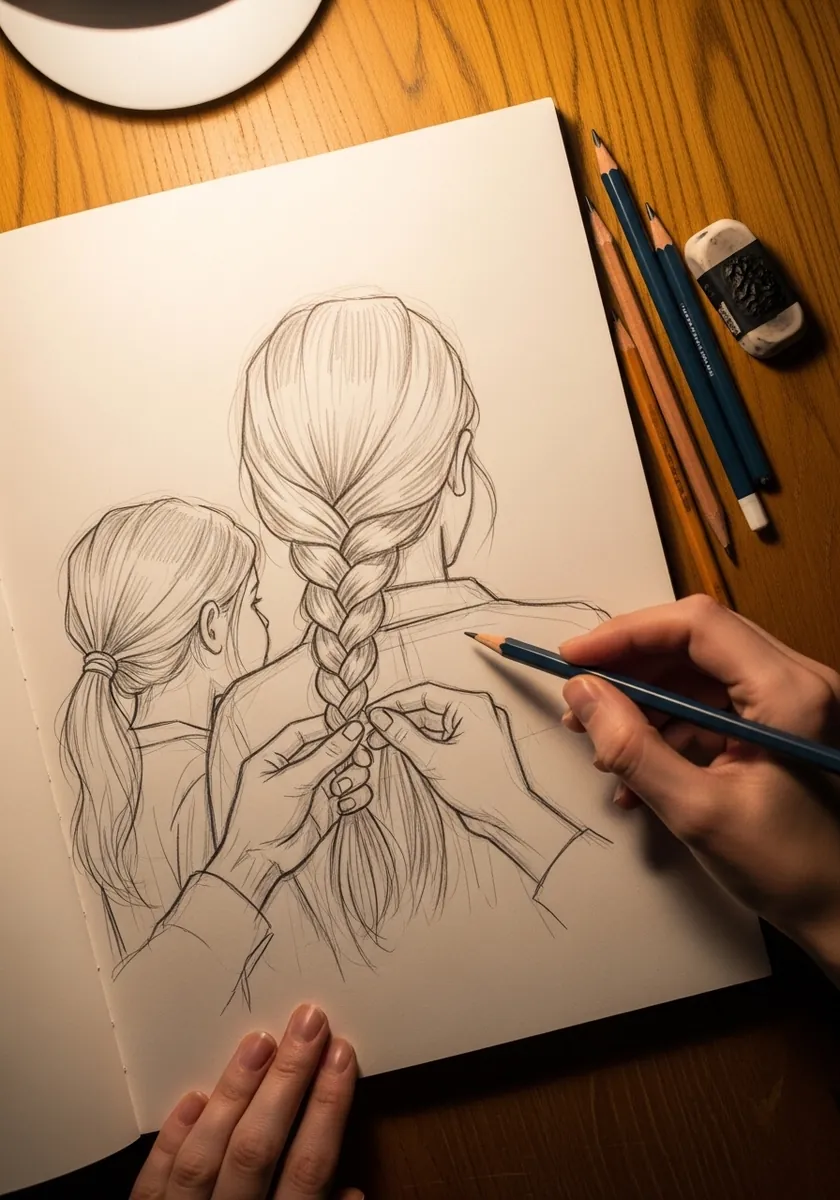 Loose pencil sketch of a mother braiding hair with visible construction lines