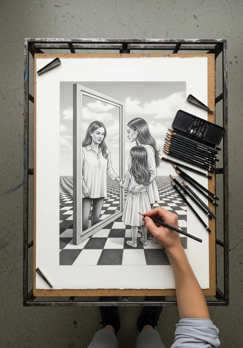 Graphite drawing of a woman facing her own reflection at a different age