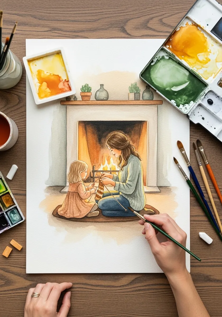Watercolor mother and daughter sitting together in front of a warm fireplace