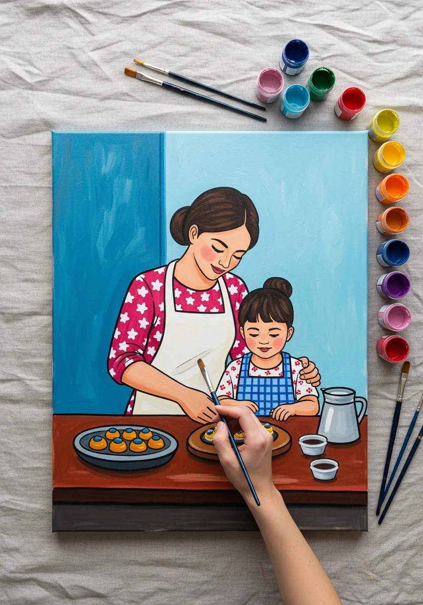 Flat gouache mother and child baking together against a bright blue background