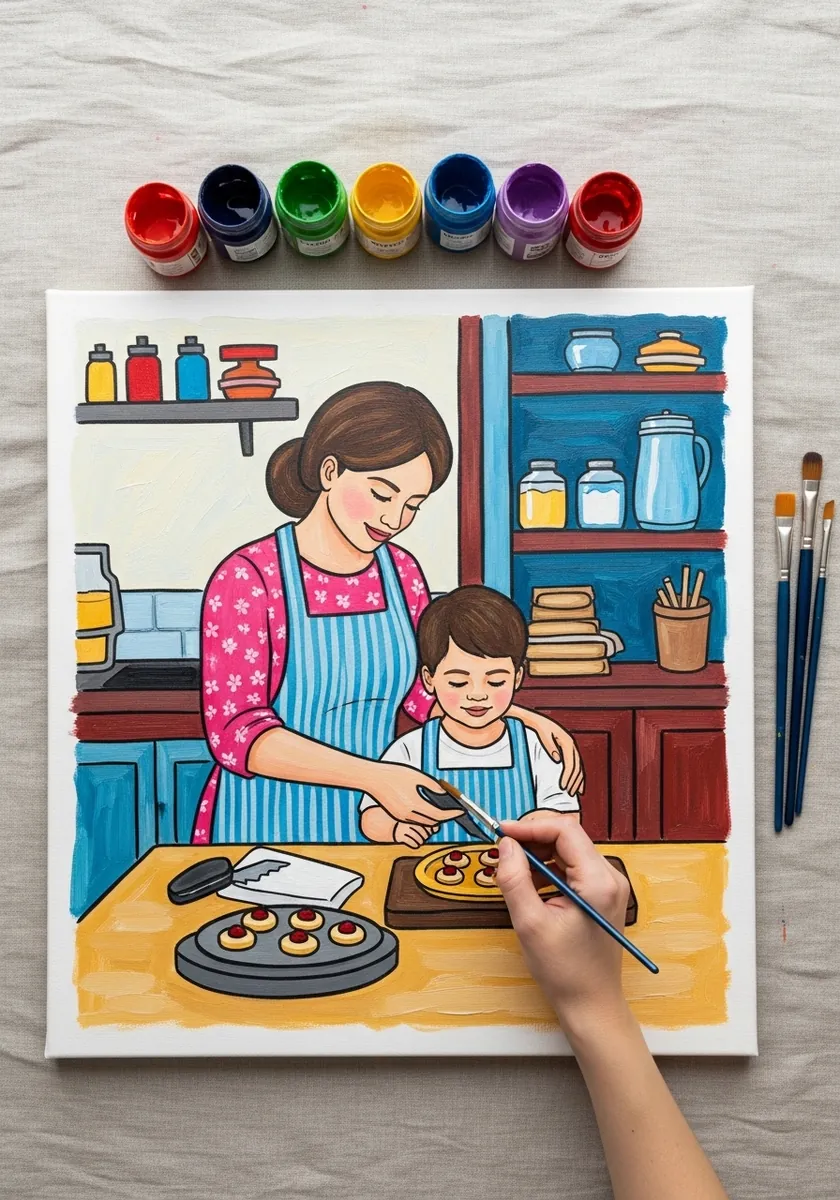 Gouache mother and child baking in a detailed kitchen with shelves and jars