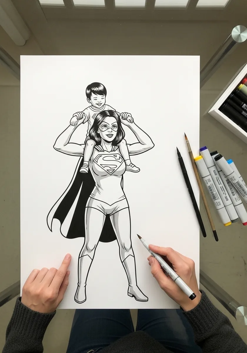Bold ink drawing of a mother in a cape with a small child on her shoulders