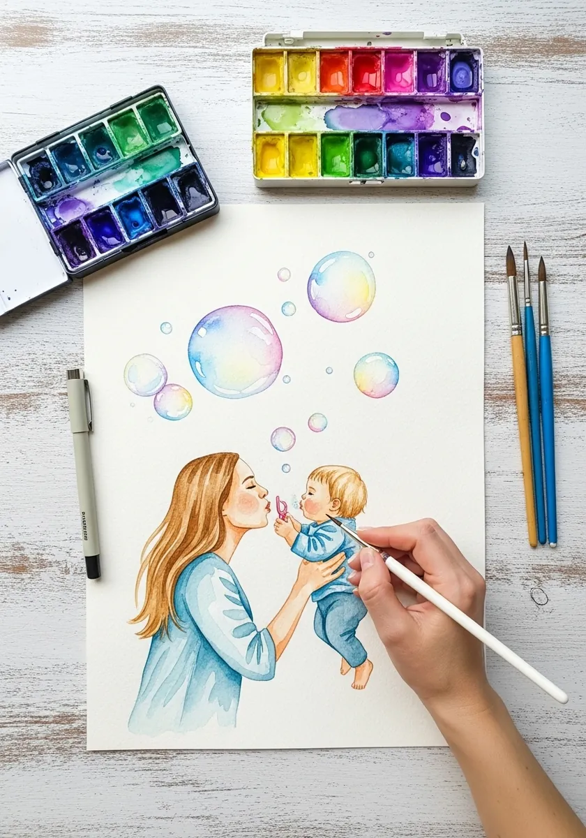 Watercolor mother blowing iridescent bubbles for a small toddler in soft colors