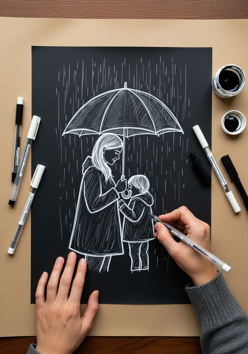 White chalk drawing on black paper of a mother and child sharing an umbrella in rain