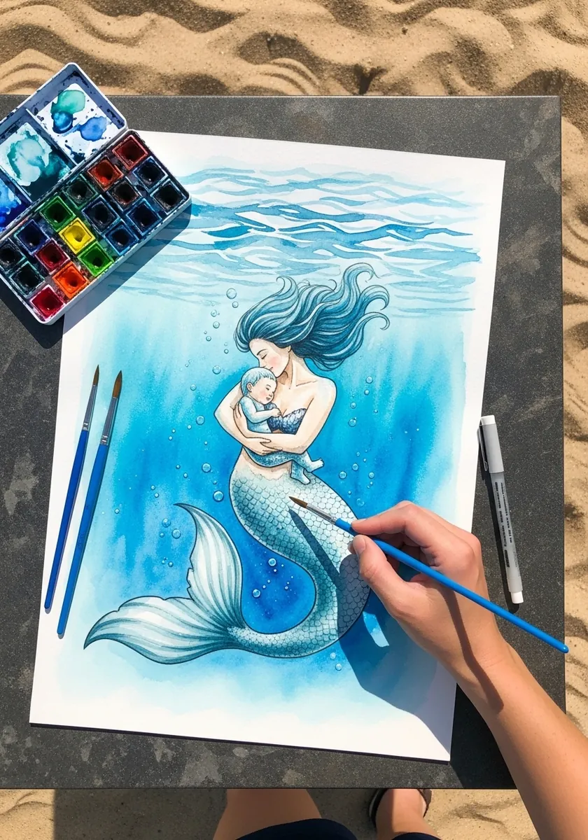 Watercolor mermaid mother holding her baby underwater with flowing blue hair