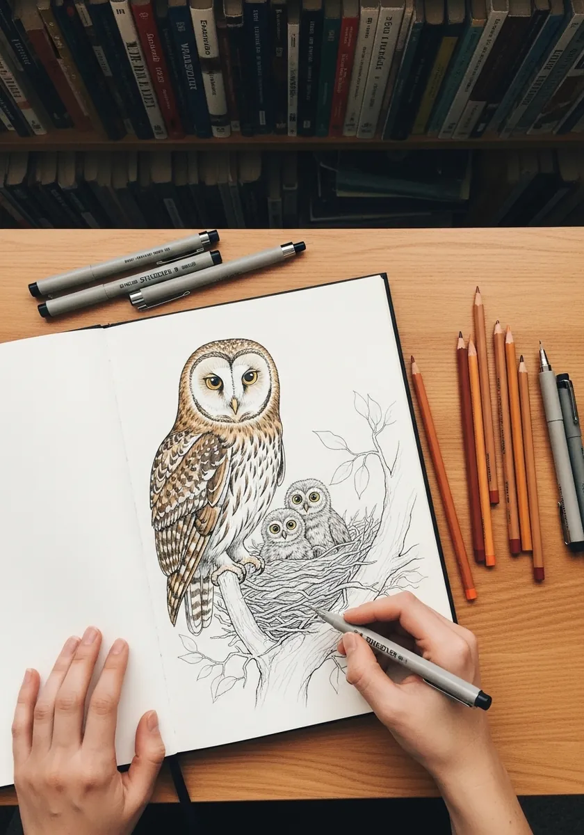 Fine ink drawing of a barn owl sheltering two small owlets in a sketchbook