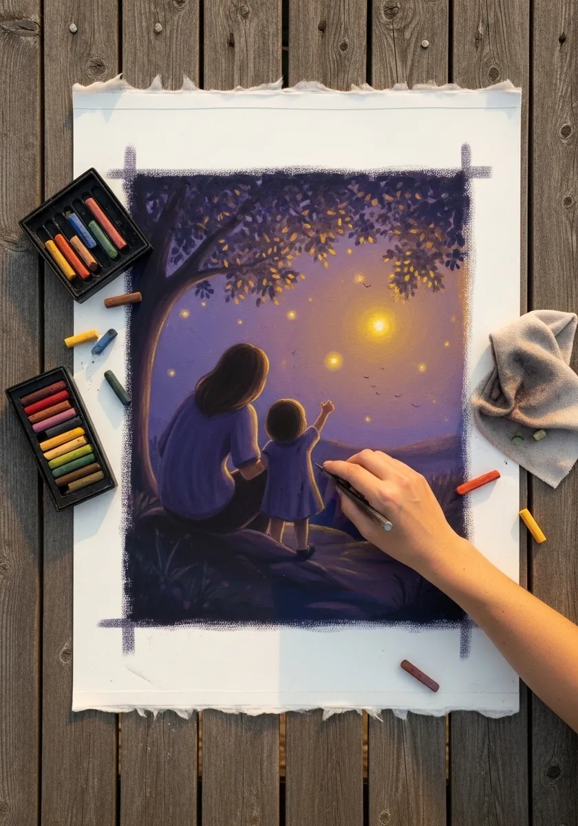 Soft pastel scene of a mother and child watching fireflies in deep blue twilight