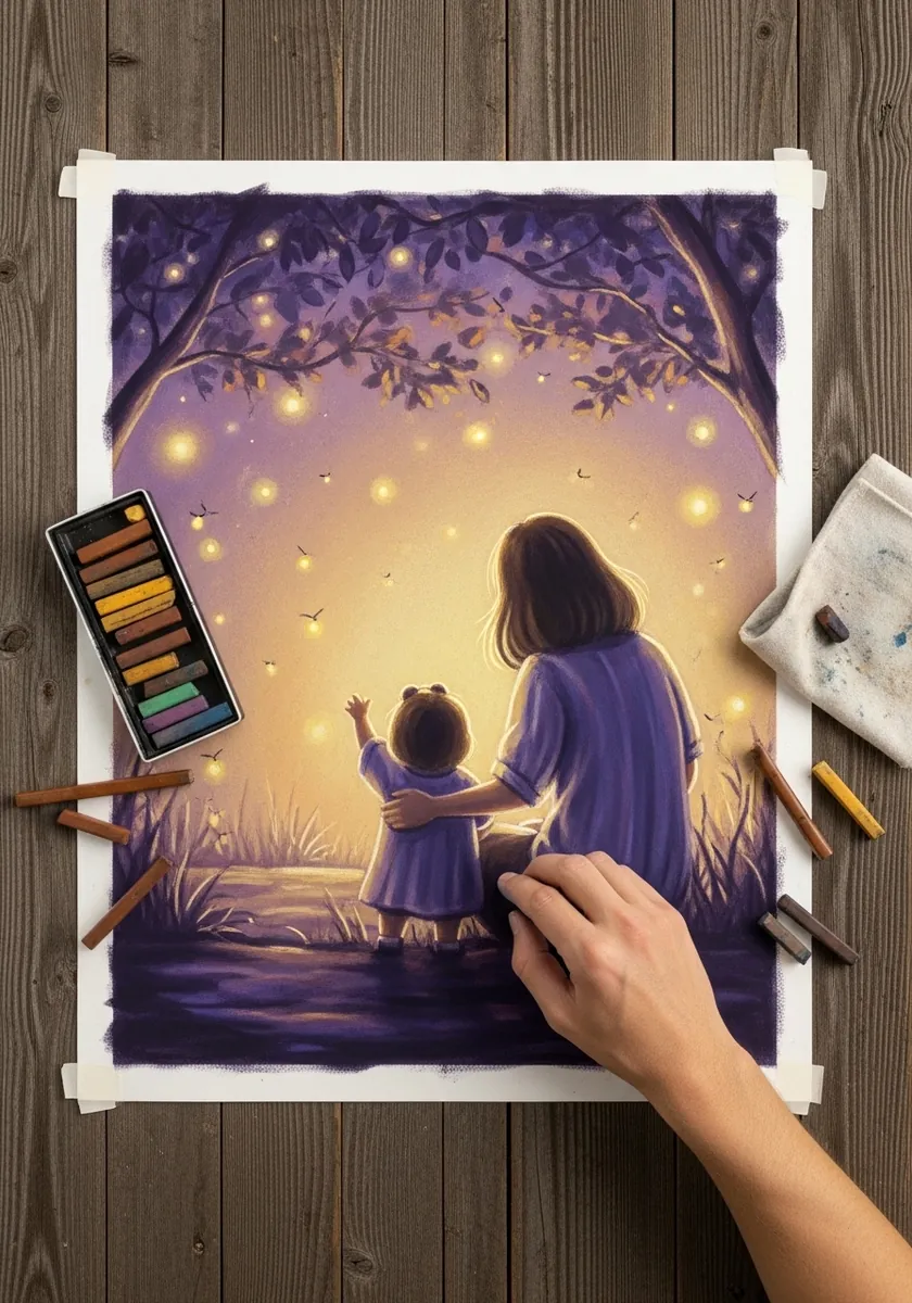 Soft pastel purple and gold twilight with a mother and child among fireflies