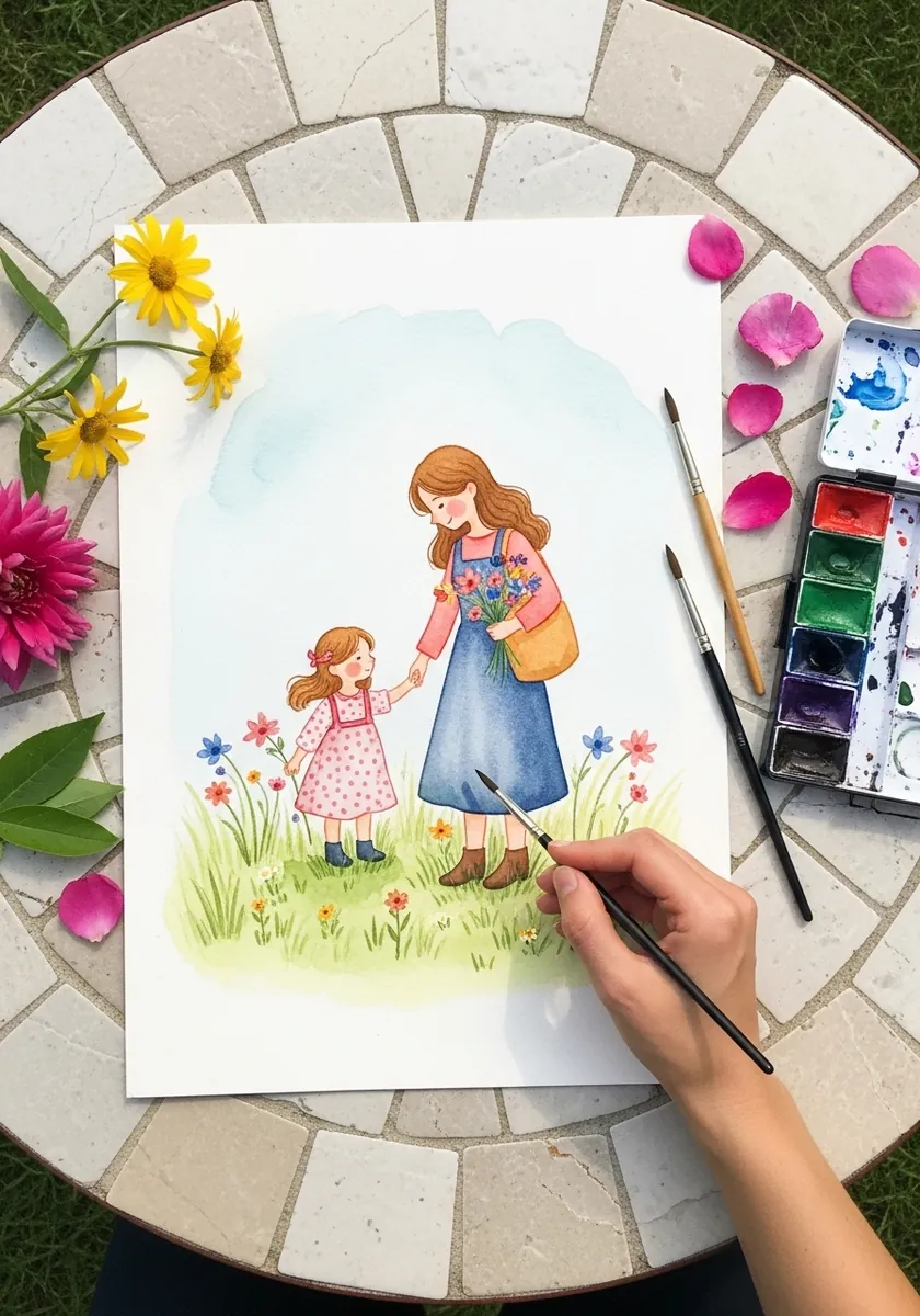 Watercolor mother and daughter standing hand in hand in a wildflower meadow