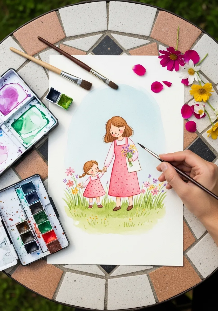 Watercolor mother and small daughter holding flowers in a bright green garden