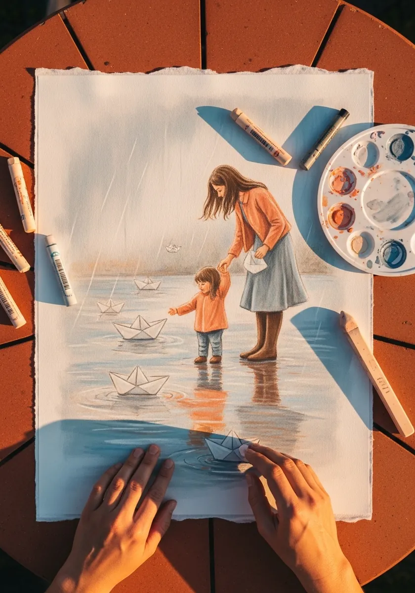 Soft pastel mother and child floating paper boats in rain puddles on a wet street