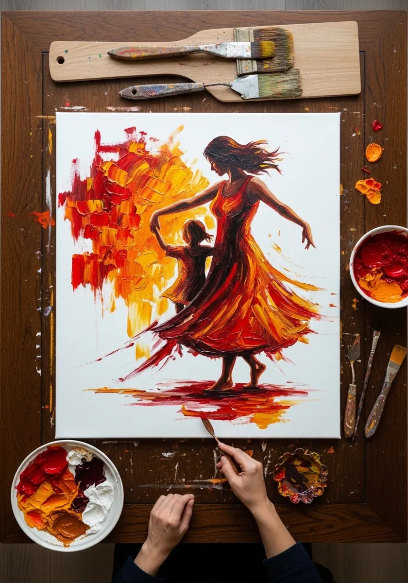 Acrylic painting of a mother and child dancing in swirling red and orange