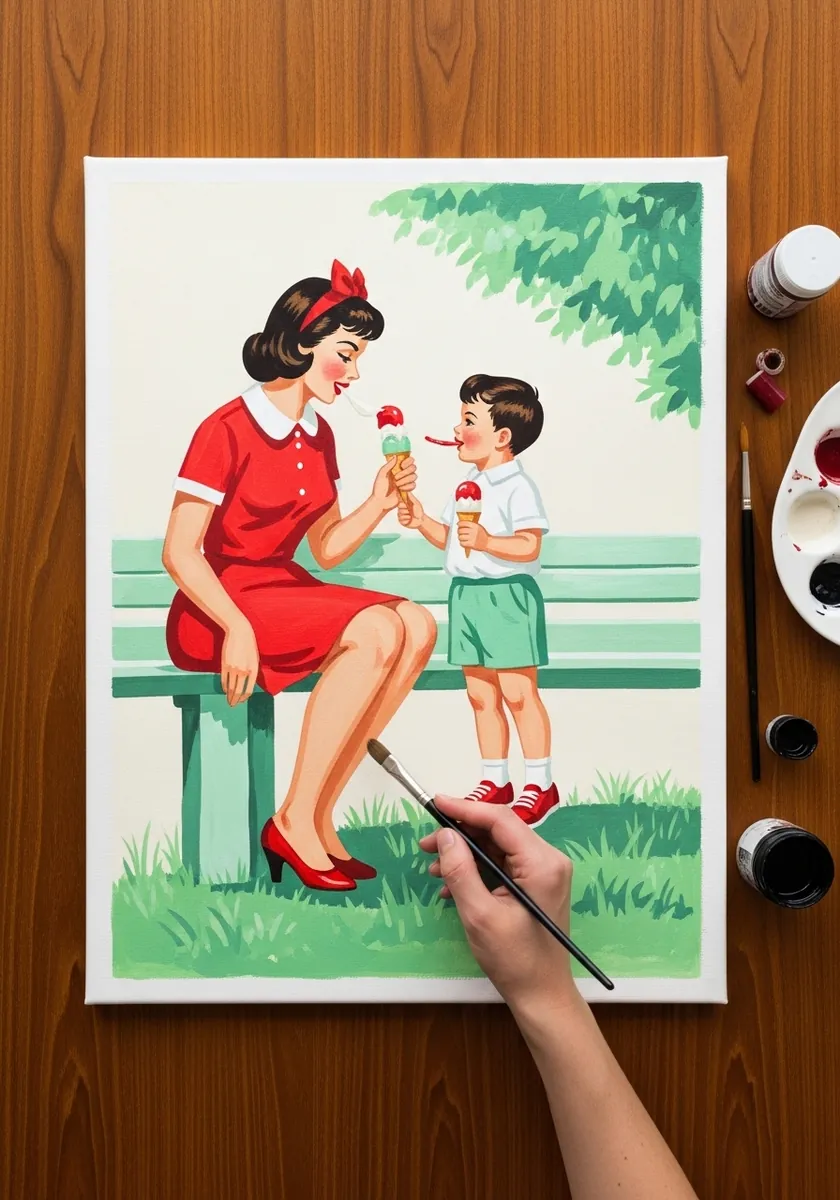 Vintage poster style mother in a red dress giving her son an ice cream on a bench