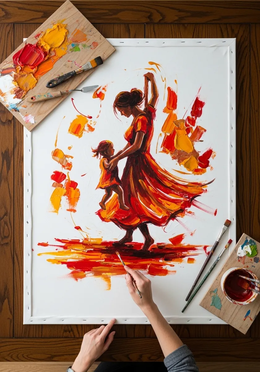 Bold acrylic mother in a swirling red skirt dancing with a small child