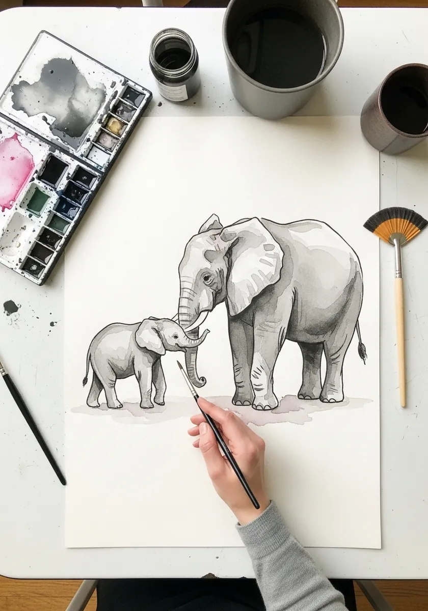 Graphite drawing of an adult elephant standing beside her small calf