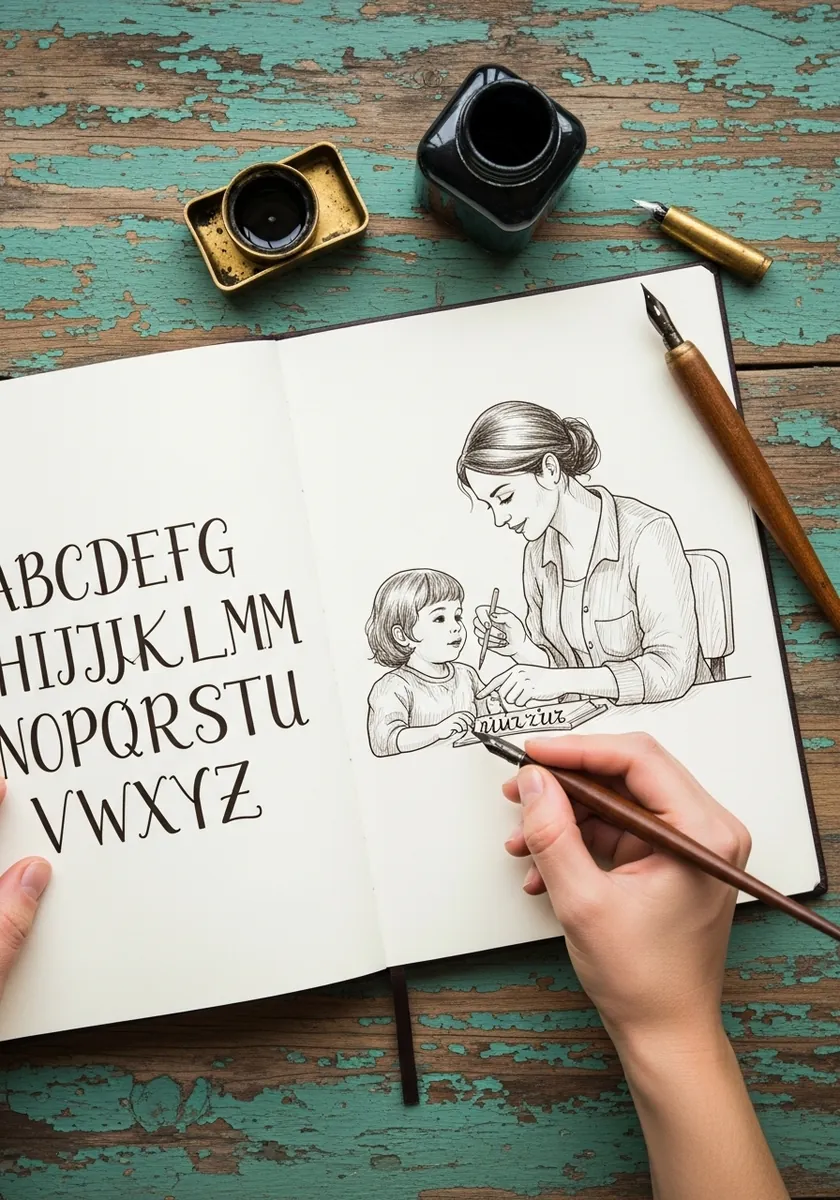 Ink sketchbook page with hand lettered alphabet beside a mother teaching a child