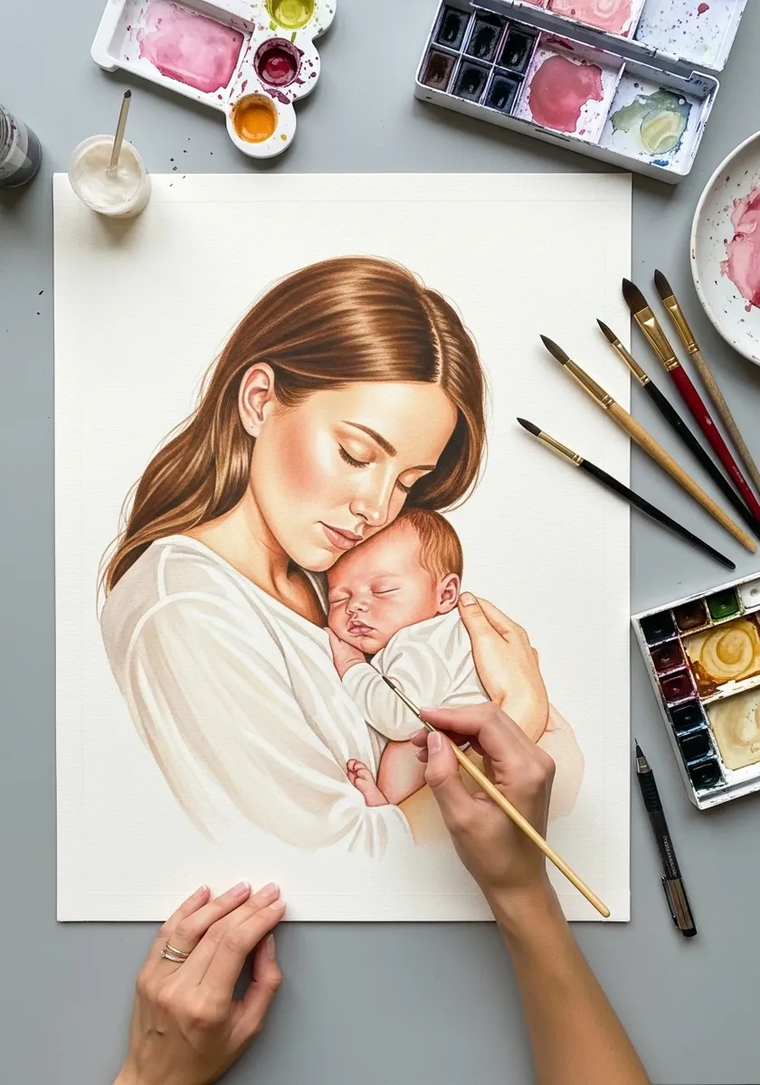 Colored pencil drawing of a mother holding her sleeping newborn close