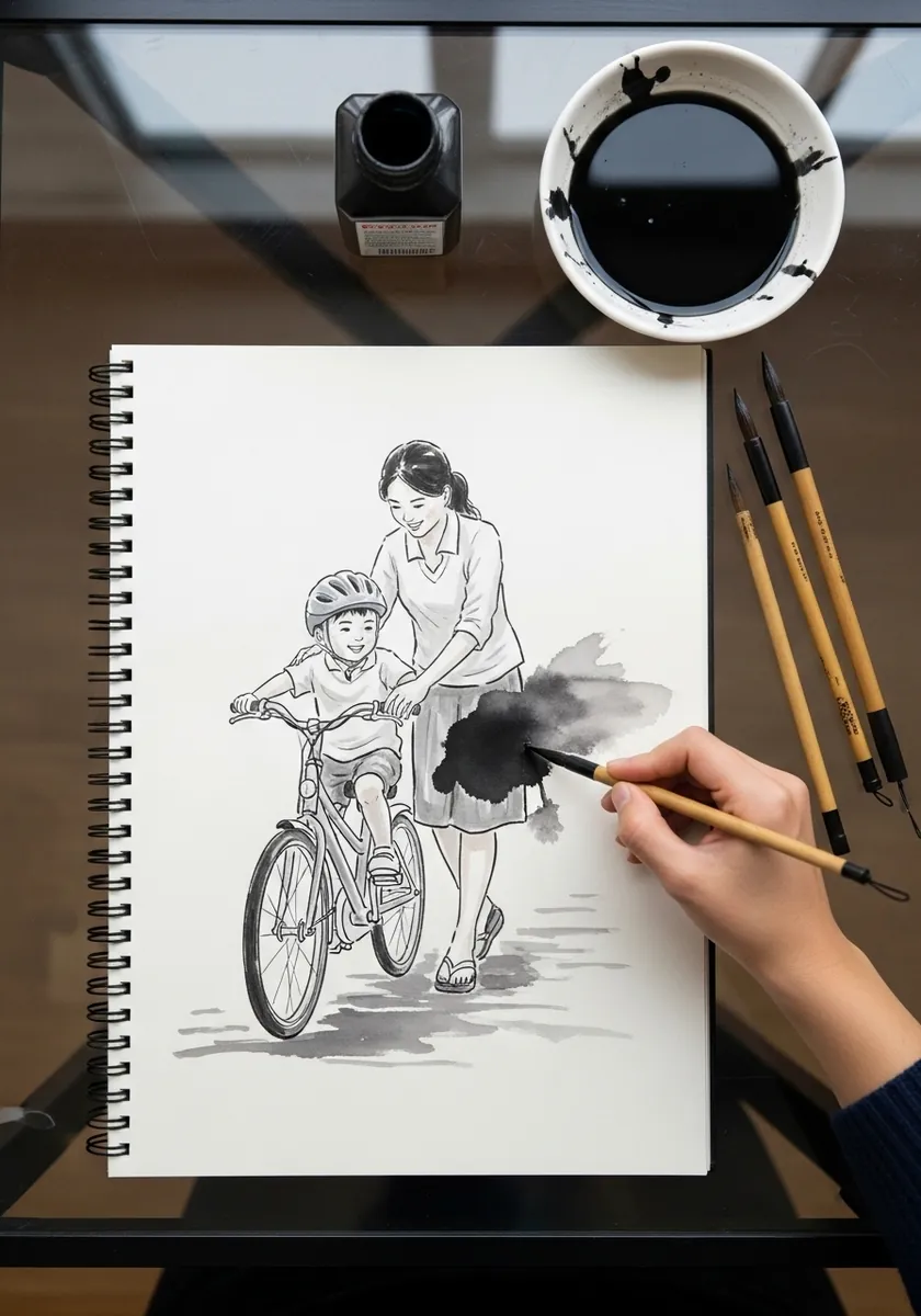 Ink drawing of a mother steadying a child learning to ride a bicycle