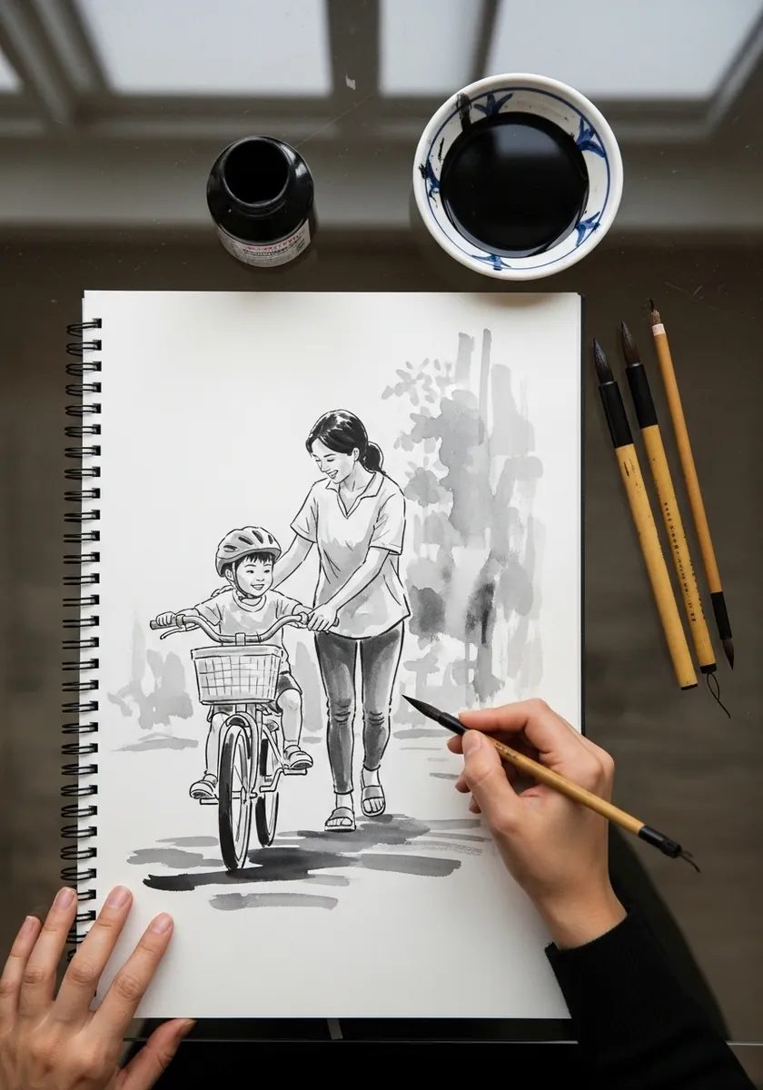 Ink drawing of a mother running beside a child cycling ahead of her