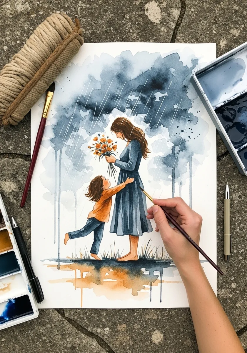 Loose watercolor mother holding sunflowers with a child reaching up toward her