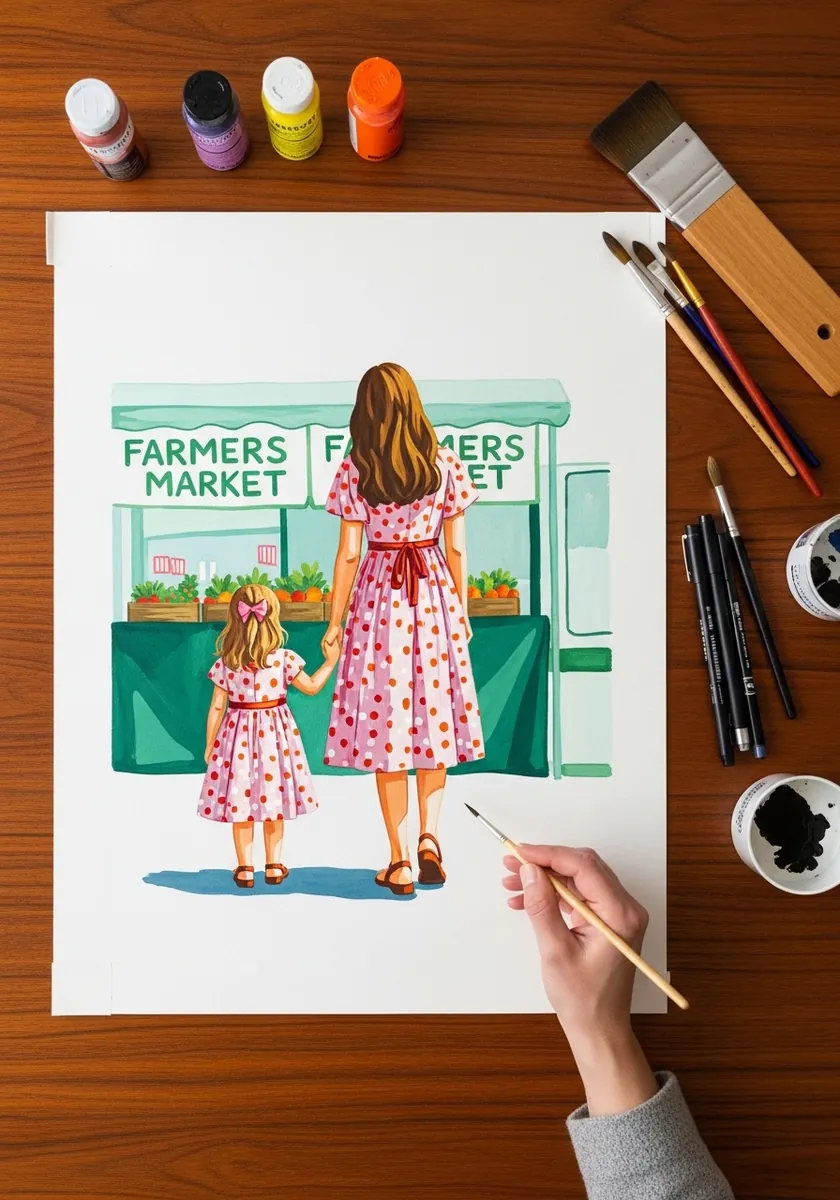 Gouache mother and daughter seen from behind at a green farmers market stall