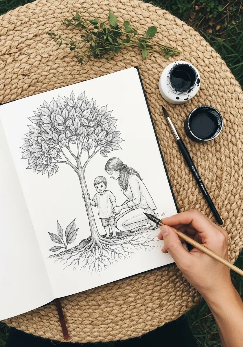 Fine ink drawing of a mother and child planting a young tree with visible roots