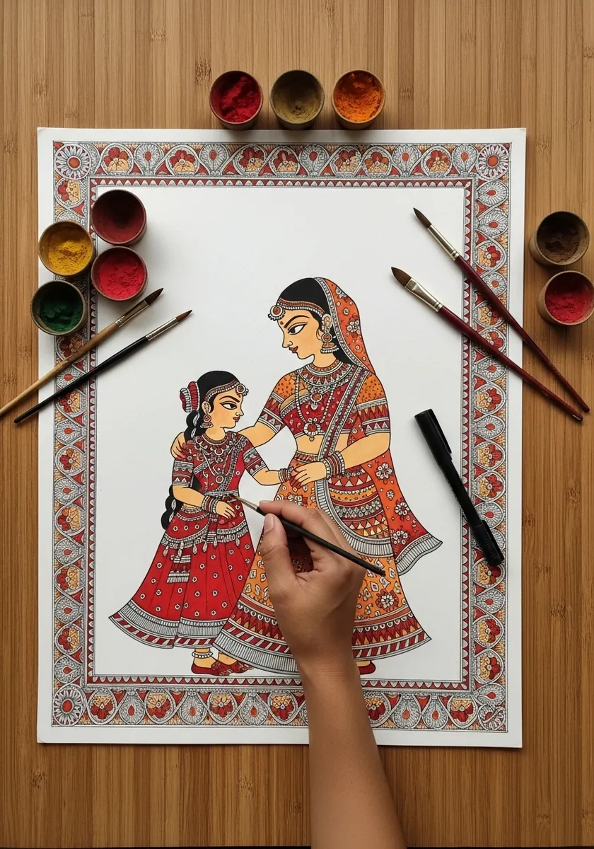 Traditional folk miniature painting of a mother and daughter inside an ornate border