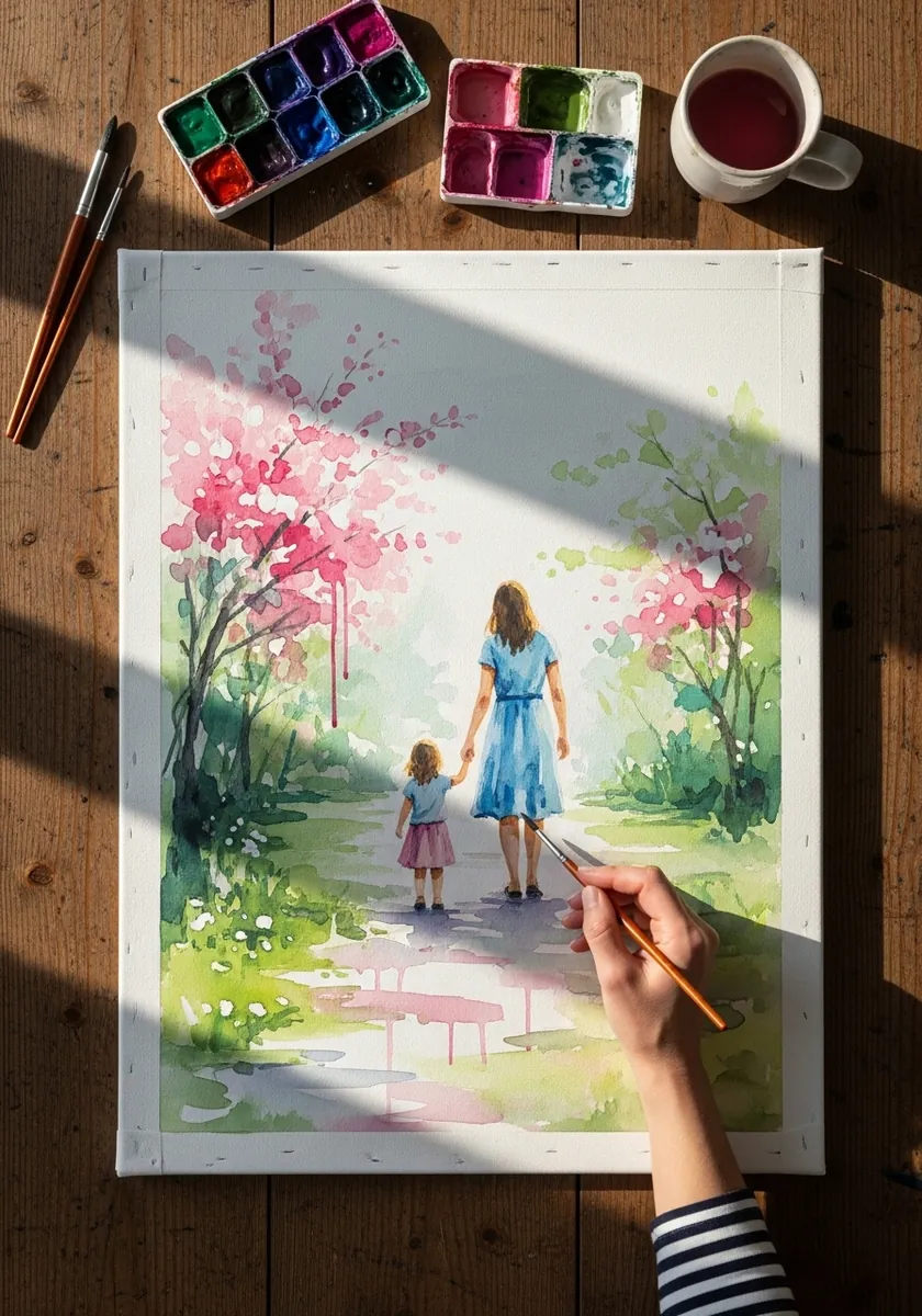 Watercolor mother and daughter walking a path lined with pink blossom trees