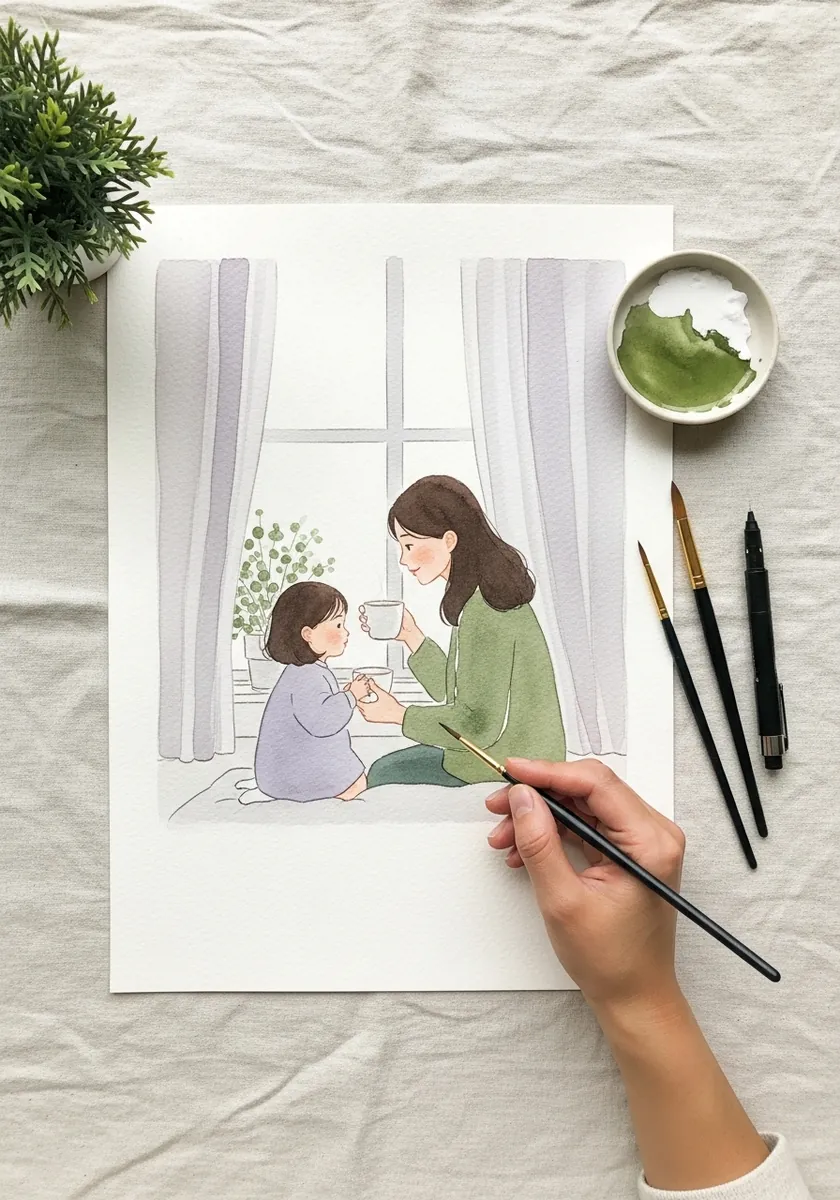 Gouache mother and small child sitting together in soft light beside a window
