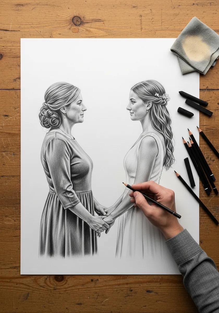 Graphite drawing of an older mother and her grown daughter facing each other