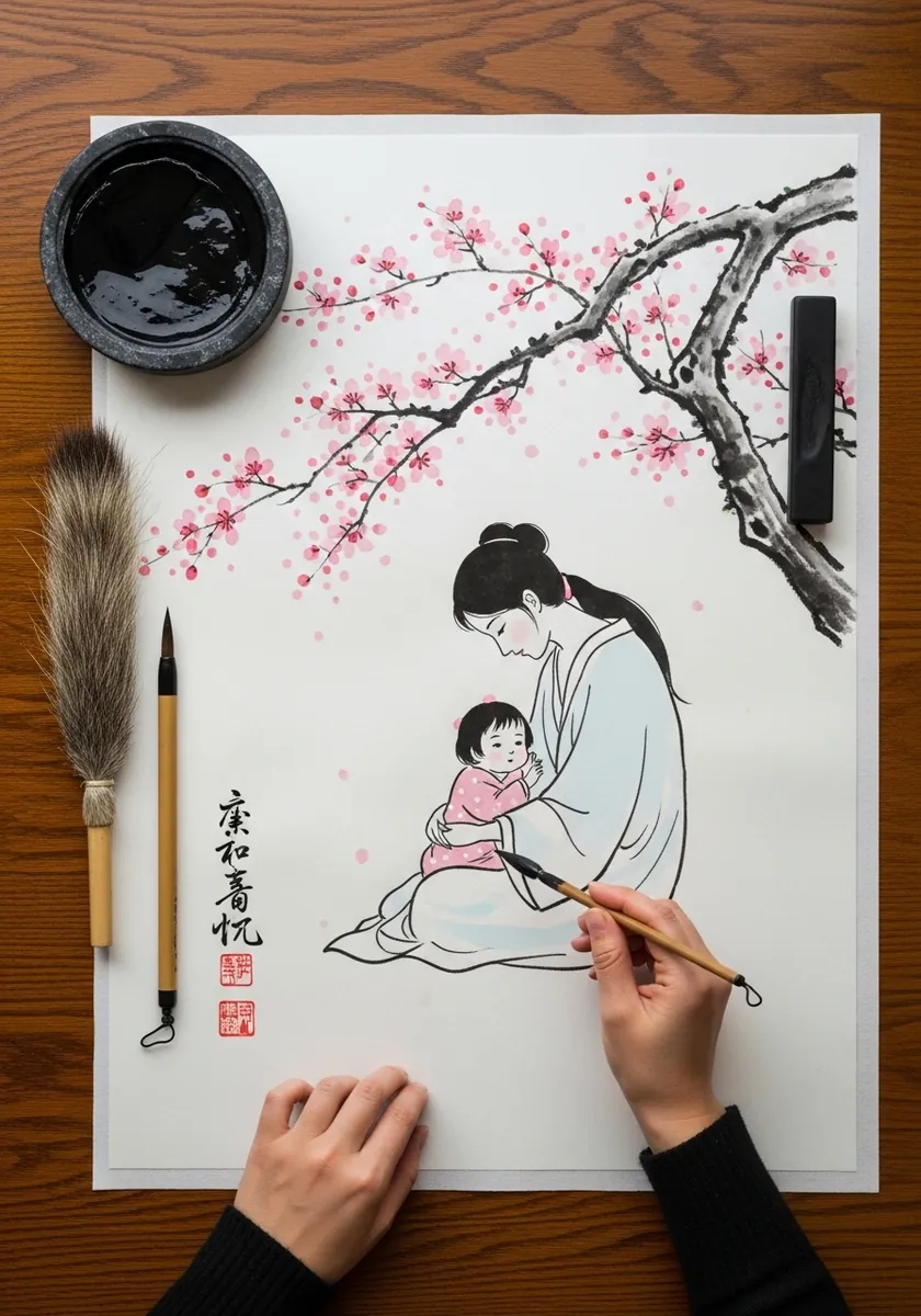 Sumi-e painting of a mother and baby beneath a cherry blossom branch with a seal