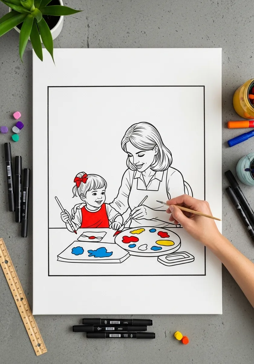 Illustration of a mother and child painting at a table inside a drawn border