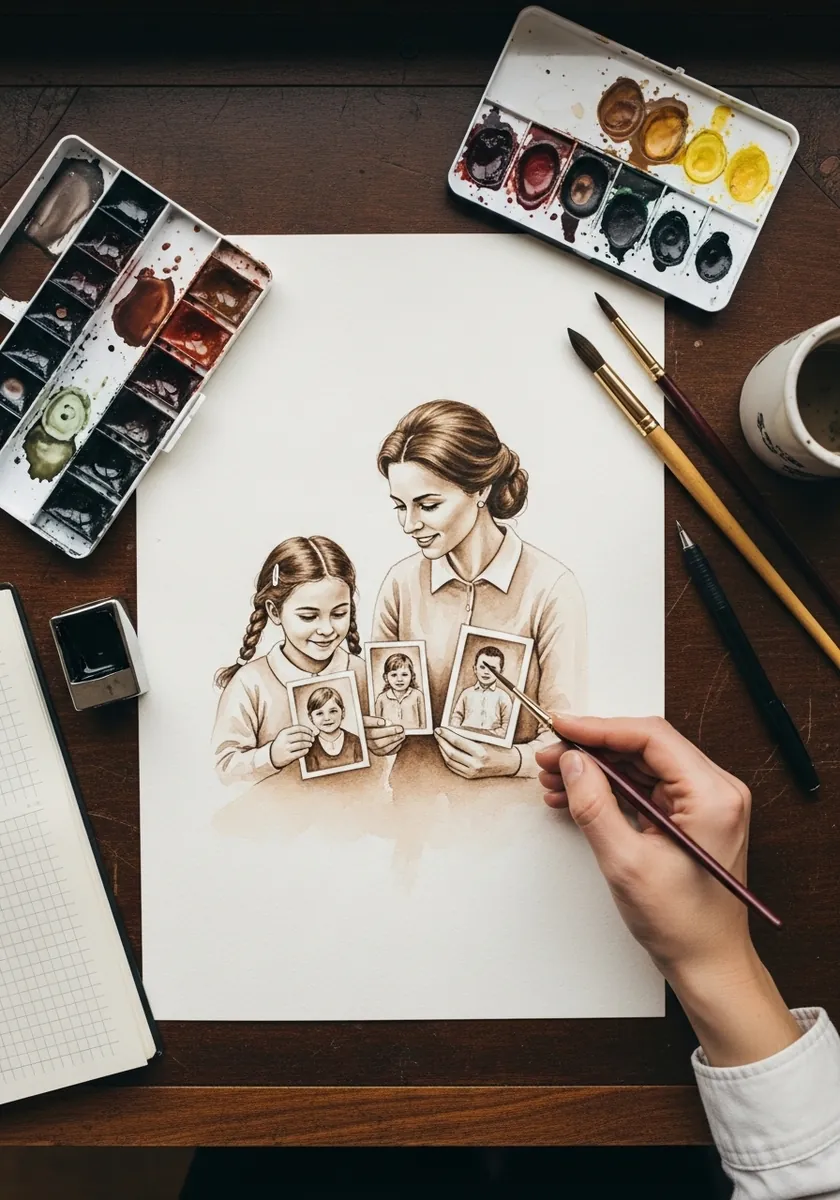 Warm sepia drawing of a mother and daughter looking through framed photographs