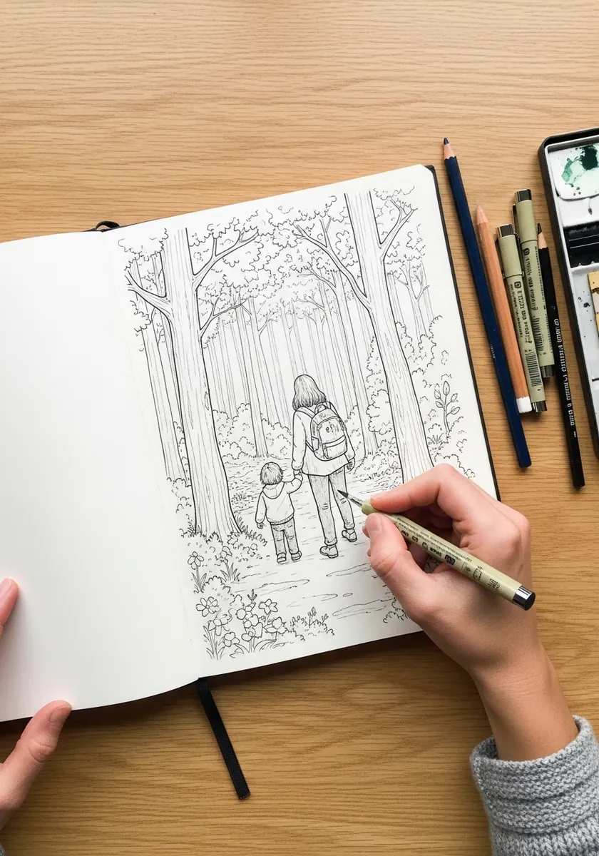 Fine liner drawing of a mother and child walking through a dense forest scene