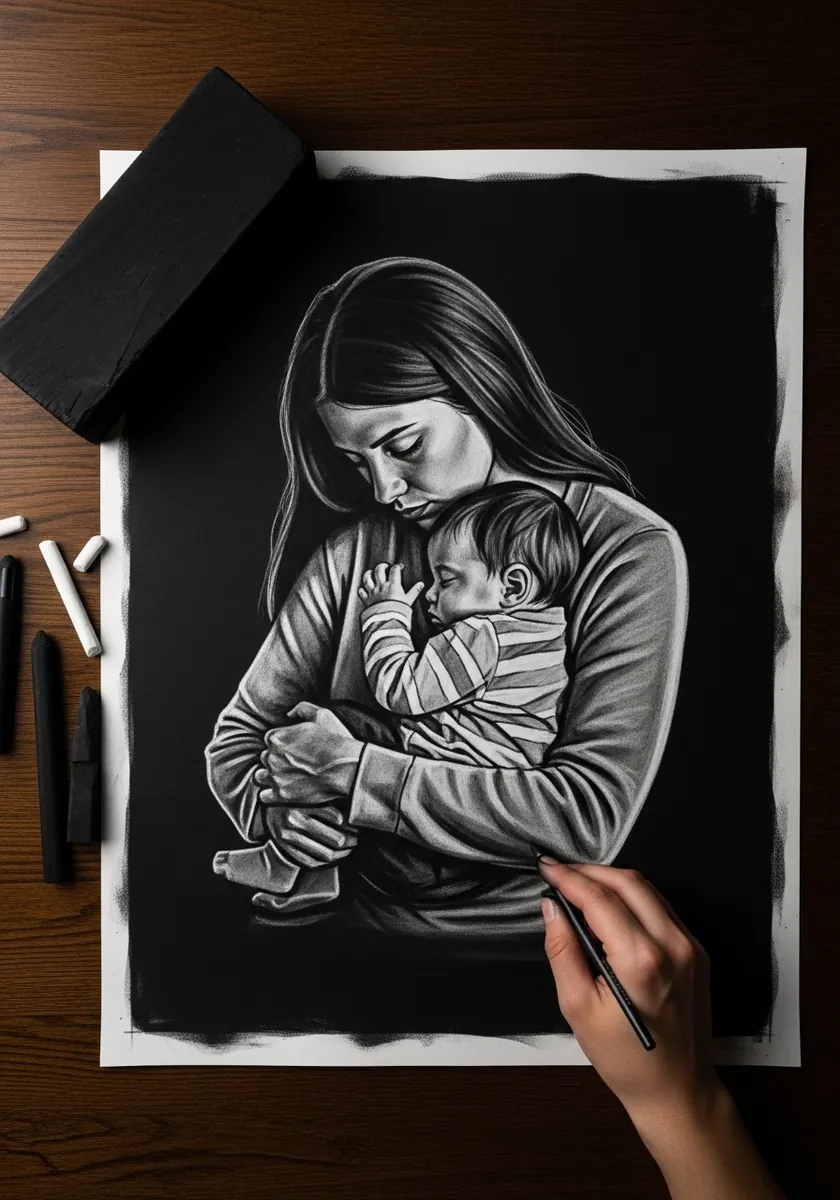 Charcoal drawing of a mother cradling her baby on a deep black background