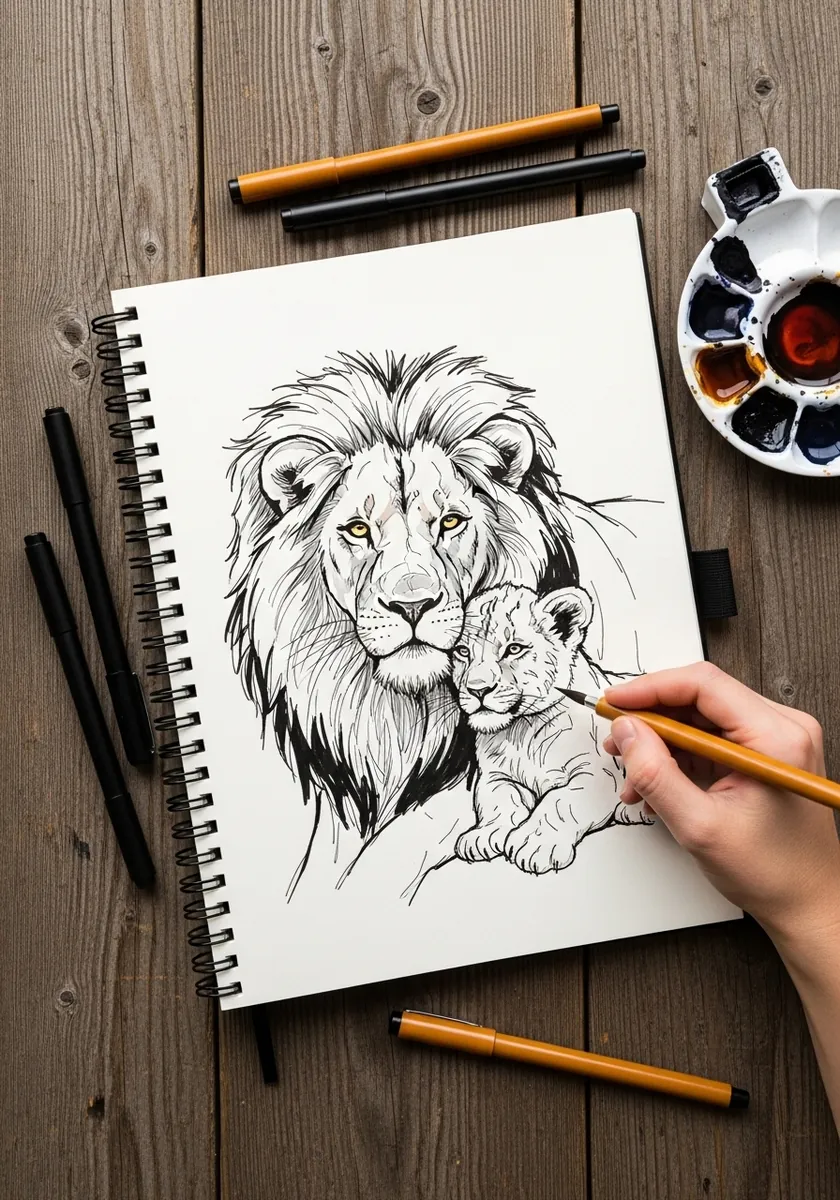 Ink portrait of a lion with a cub resting against his mane in a sketchbook