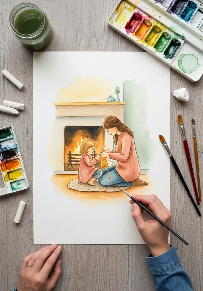 Soft watercolor mother and child sitting by a fireplace in a quiet living room