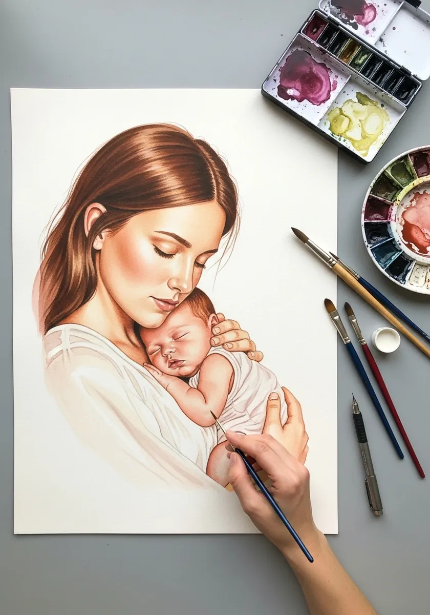 Colored pencil portrait of a mother holding her sleeping newborn against her chest