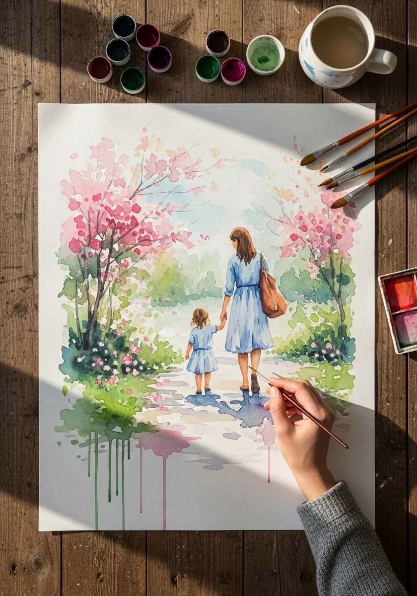 Loose watercolor park scene with blossom trees, two figures and paint drips below