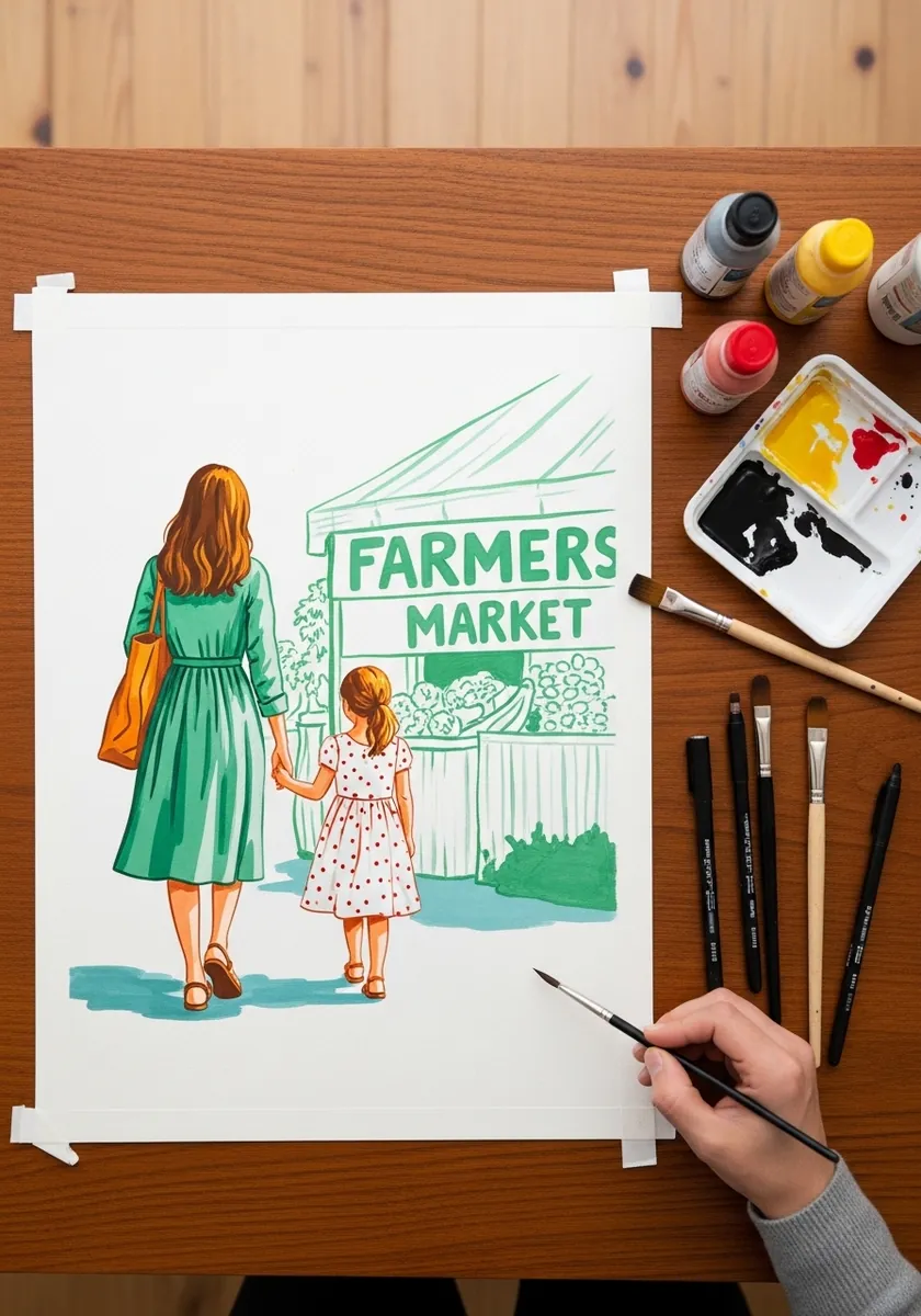 Flat gouache mother and daughter walking hand in hand toward a farmers market