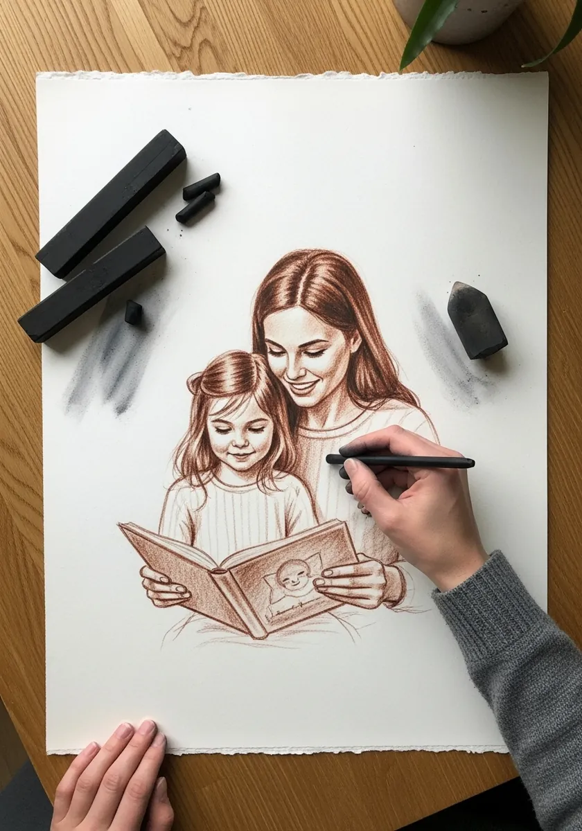 Warm sanguine drawing of a mother and daughter looking at a photo album together