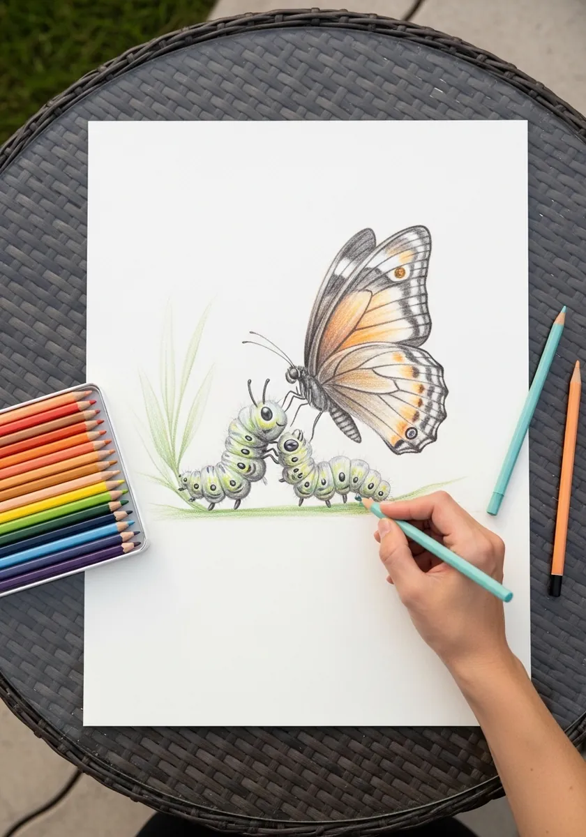 Colored pencil butterfly hovering above a caterpillar on a green stem