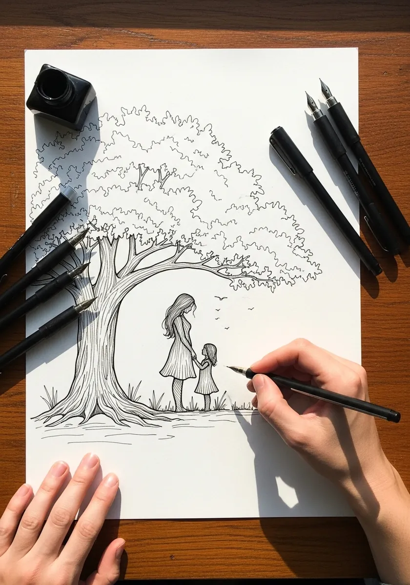 Pencil line drawing of a large tree with a mother and small child beneath it
