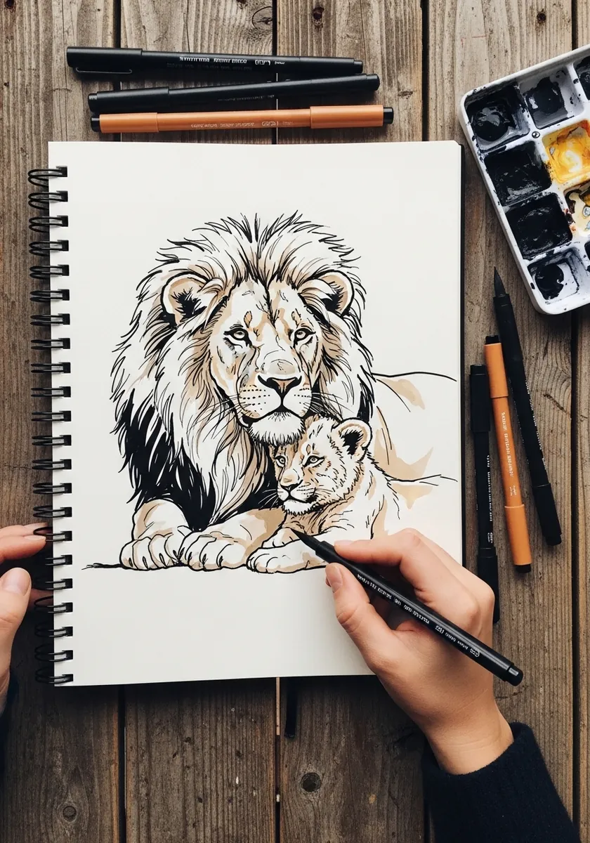 Detailed ink drawing of a lioness resting beside her cub in a sketchbook