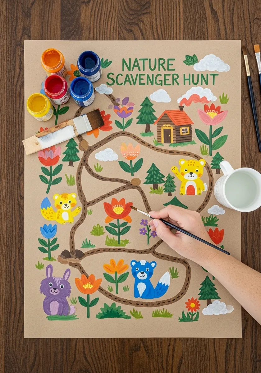 Bright flat cartoon map with a brown path, friendly animals and colorful flowers