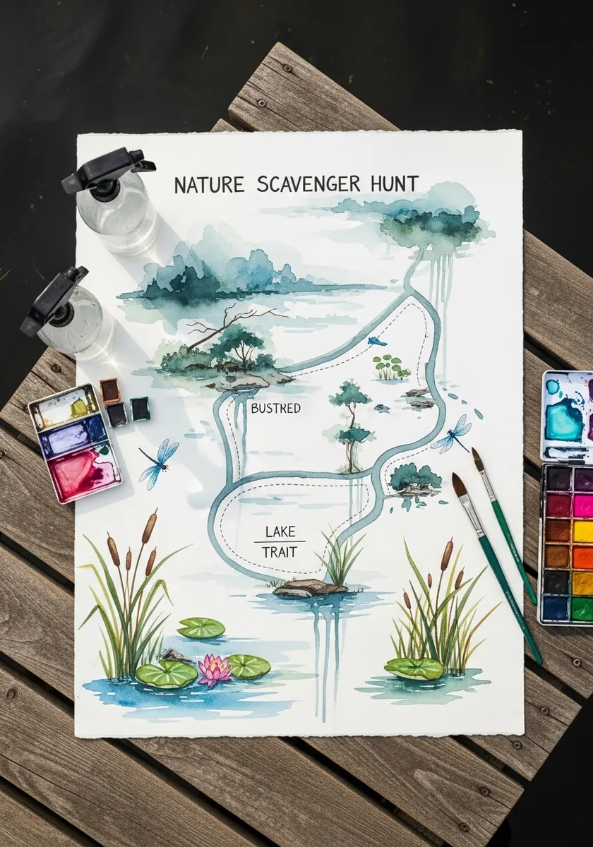 Watercolor pond map with cattails, lily pads and a dragonfly with labeled areas