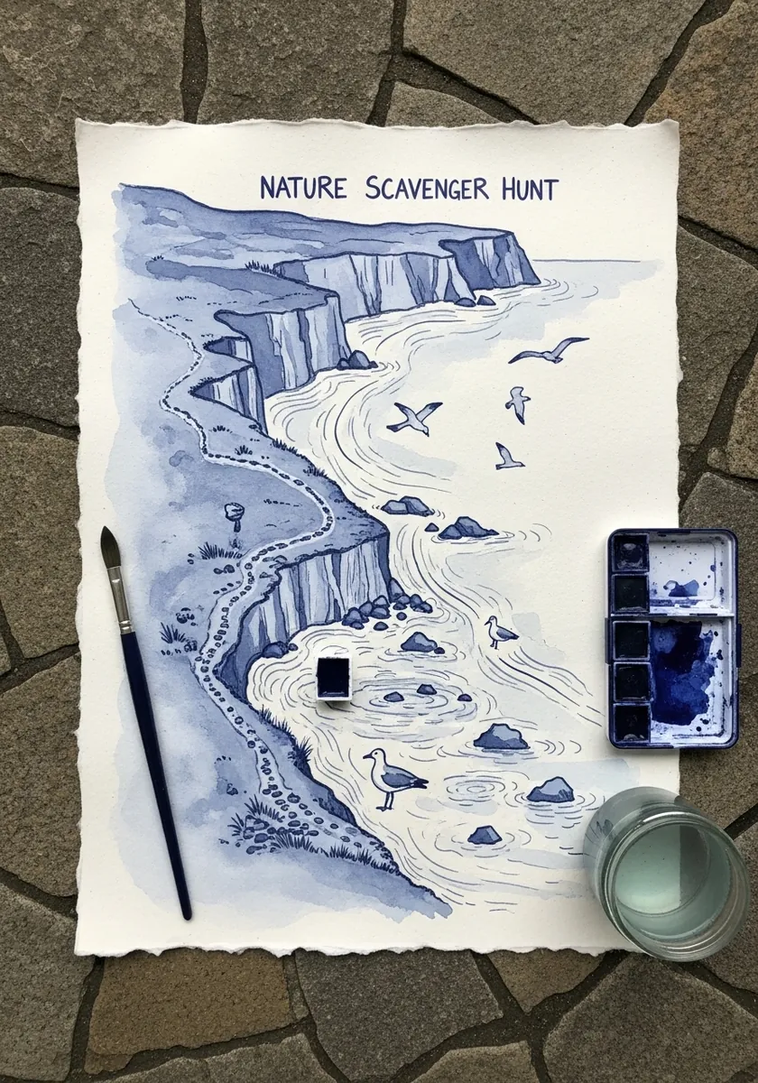 Blue monochrome watercolor map of coastal cliffs, a beach path and seabirds